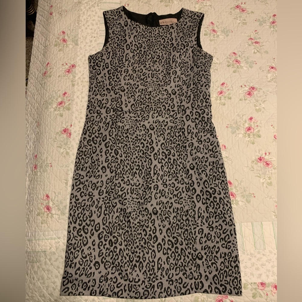 Grey and black fitted work dress.